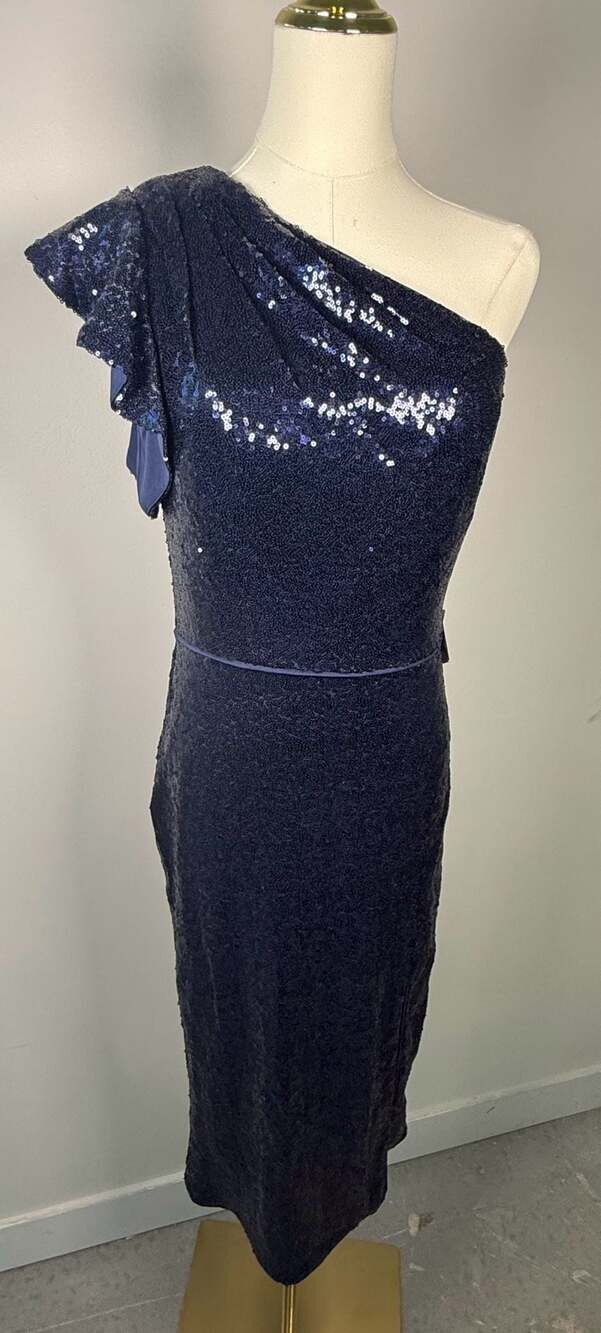 Mac Duggal Midnight Sequin One-Shoulder Ruffle Gown Size 6